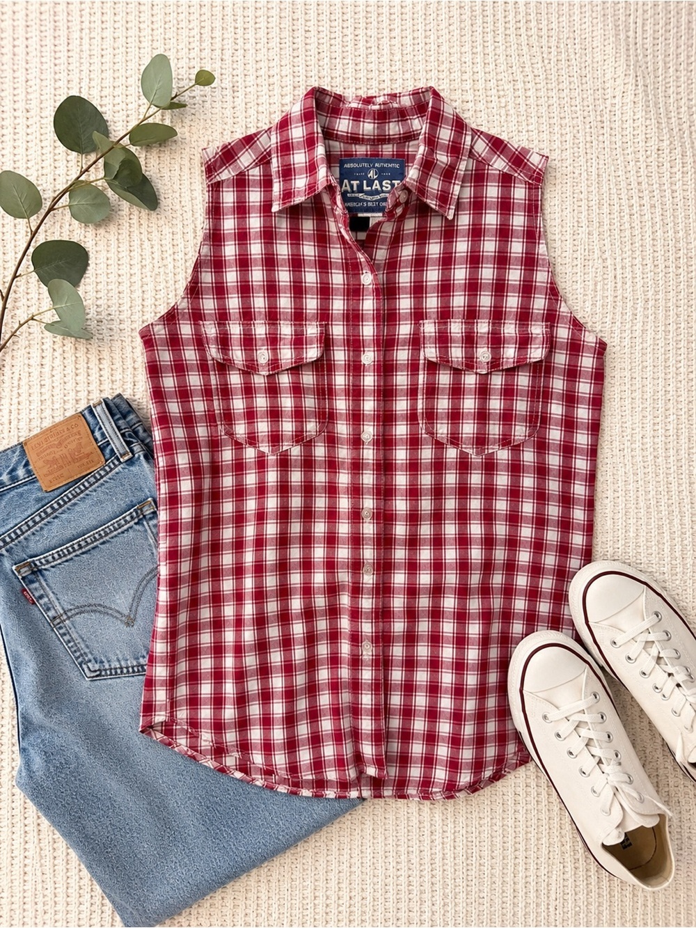 Vintage AT LAST Sleeveless Plaid Button Front Shirt – Red & White Cotton Top